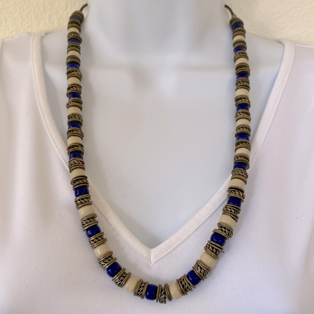 Vintage boho Indian brass and silver tone with blue and white beads necklace